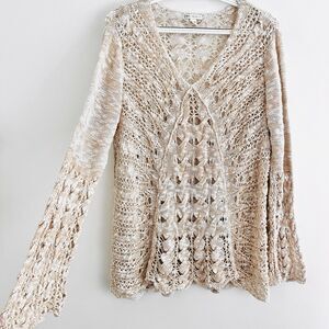 Cato Beige Lightweight Boho Open Knit Bell Sleeve Sweater ~ Plus Size 18/20W
